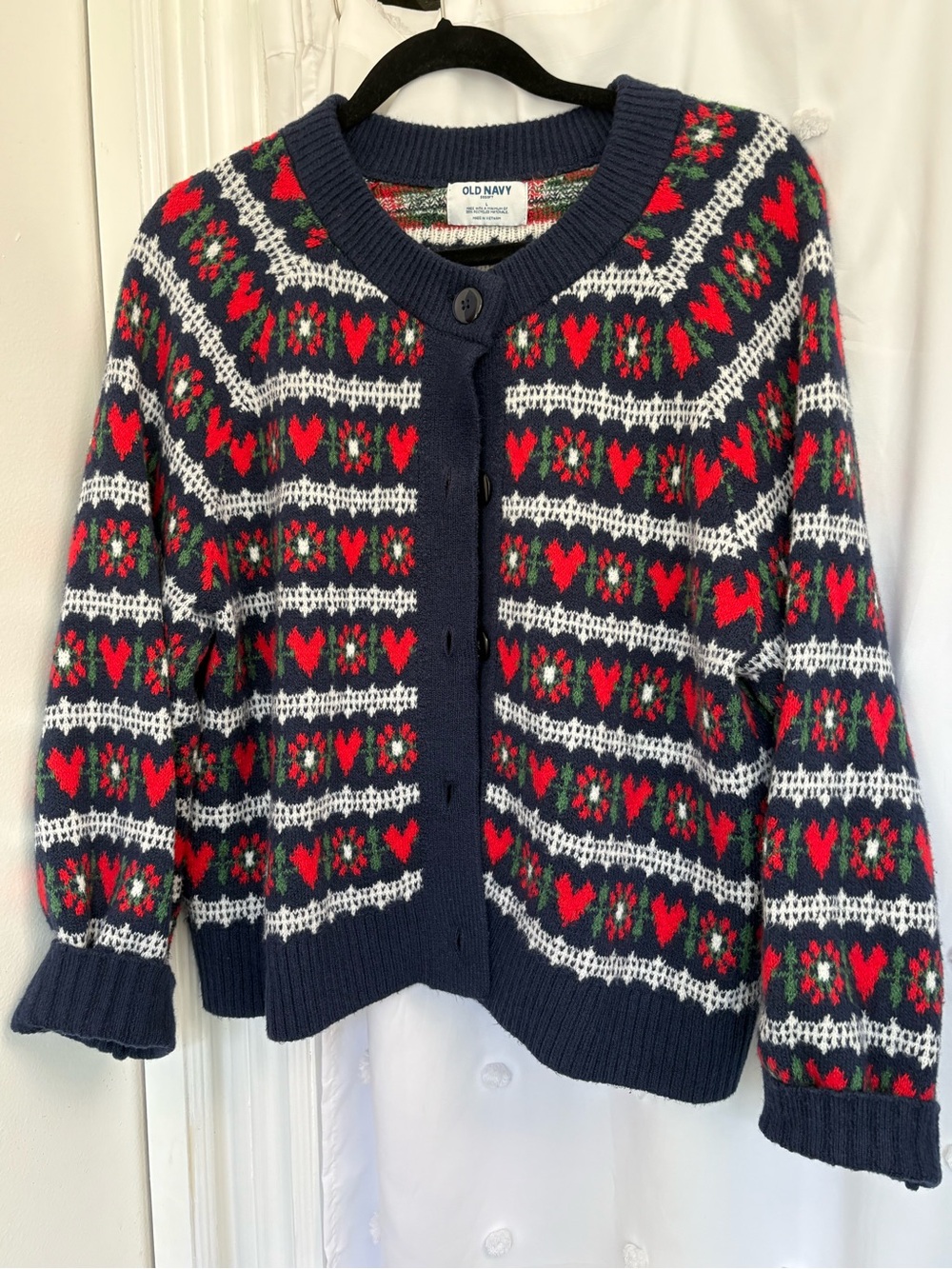 Old Navy Navy Cardigan Sweater with Red and White Fair Isle Hearts